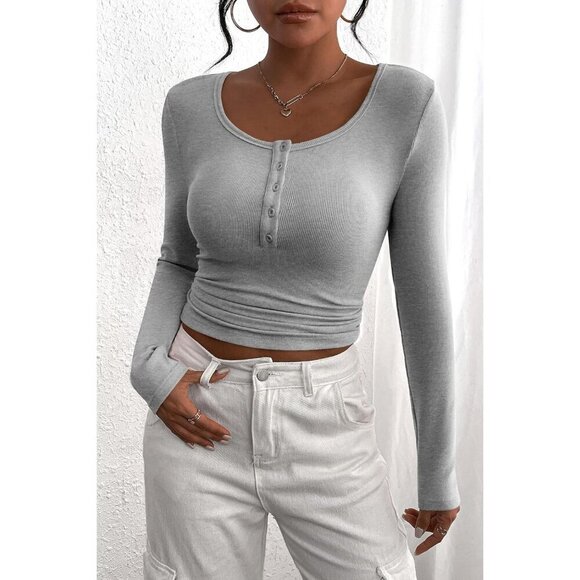 Women's Ribbed Knit Henley Shirt Slim Fit Long Sleeve Casual Top - Picture 4 of 8